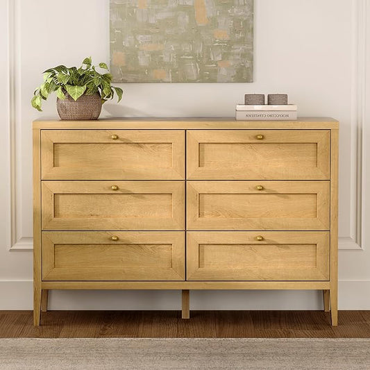 Mid Century Modern 6 Drawer Dresser for Bedroom 47" Wide Chest of Drawers Wooden Storage Dresser Organizer TV Stand for Living Room, Hallway, Natural Oak