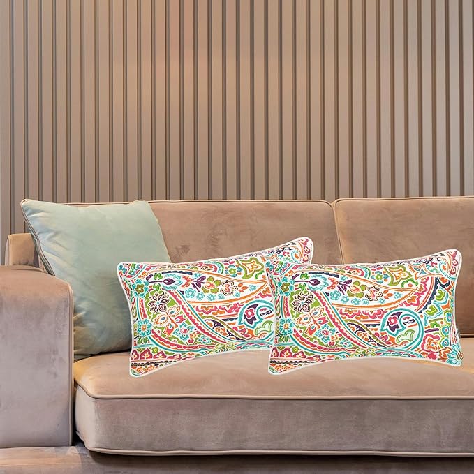 FUNHOME Set of 2 Outdoor Lumbar Pillows with Insert, 12”x20” Water-Repellent Fade Resistant Patio Lumbar Pillow, Decorative All Weather Lumbar Pillows for Home Coach Sofa Use-Melora Paisley