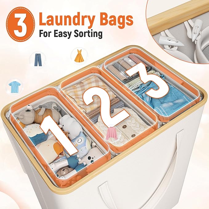 170L Laundry Hamper with Lid 3 Section, Extra Large Laundry Basket with 3 Removable Bags, Laundry Basket Organizer for Bedroom, Laundry Room, Dorm, Clothes Hamper, Beige