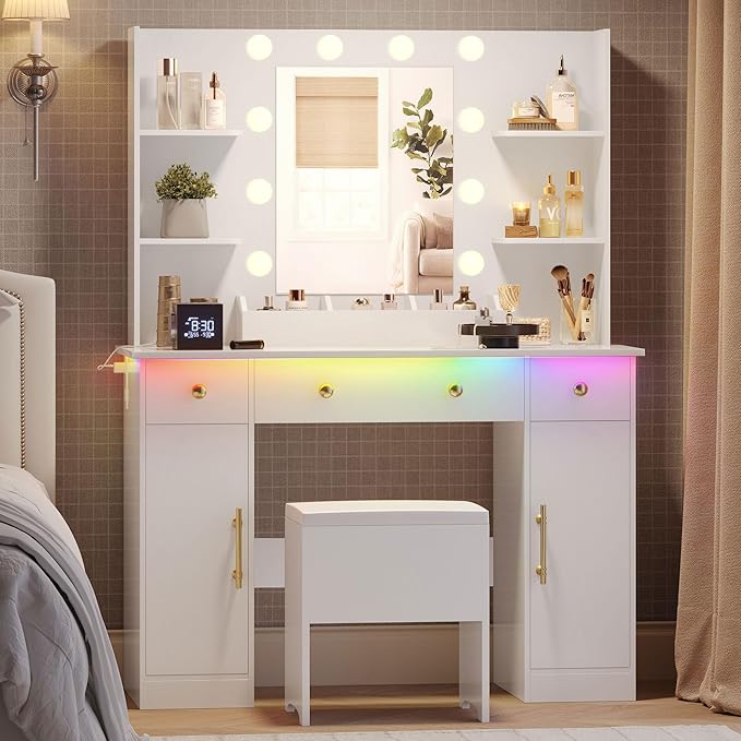Makeup Vanity Desk with Mirror and Lights, 43" White Vanity Set with Chair, 3 Drawers, Power Outlet & Adjustable RGB LED Lights, Dressing Table with Storage Shelf for Women & Girls Bedroom
