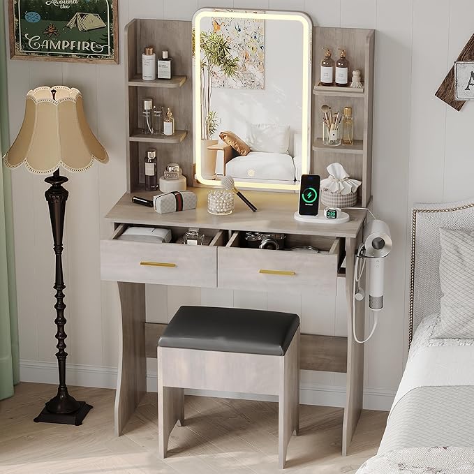Small Vanity Desk with Mirror and Lights, Makeup Vanity with LED Lights, Grey Vanity Mirror with Lighted Desk and Chair, 3 Lighting Adjustable Compact Dressing Table with Mirror for Women, Girls