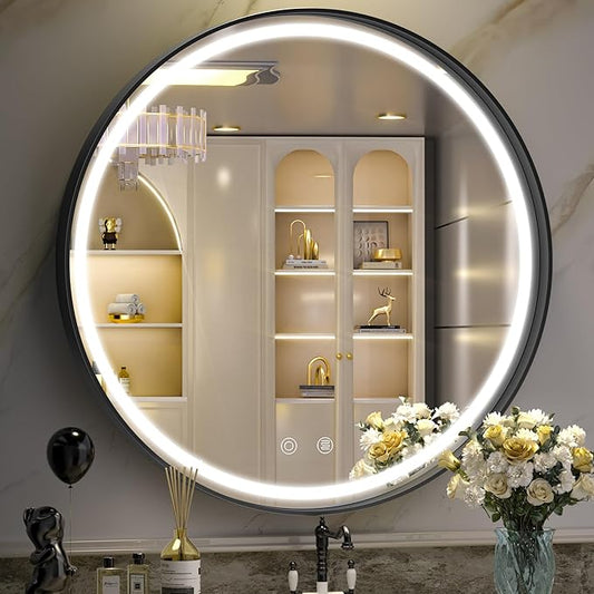 Hasipu 28 Inch Round LED Mirror for Bathroom with Lights, Black Circle Vanity Mirror for Wall, Metal Framed Frontlit Bathroom Mirrors Anti-Fog, Dimmable, 3 Colors Makeup Mirror Wall Mounted