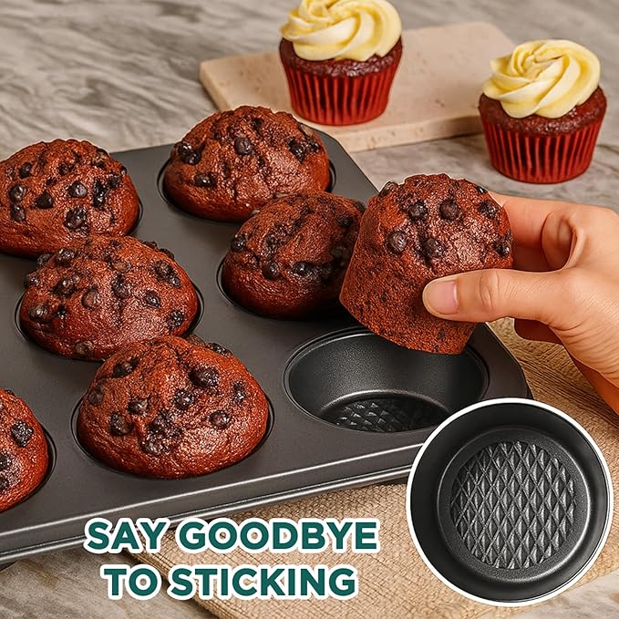 Remerry 12 Pieces Bakeware Set, Nonstick Baking Pans Set, Carbon Steel Oven Safe Nonstick Baking Pans Sets with Cake, Muffin Pan, Cookie, Pie, Tart, Quiche, Loaf Pan for Kitchen Bake Supplies