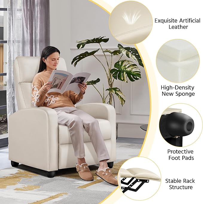 Yaheetech Recliner Chair PU Leather Recliner Sofa Home Theater Seating Adjustable Modern Single Reclining Chair Sofa with Pocket Spring Living Room Bedroom Beige