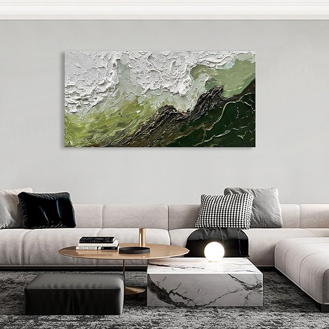 Art 24x48 Inch Hand-Painted Green and White Texture Oil Painting Modern Abstract Canvas Art Home Wall Decoration