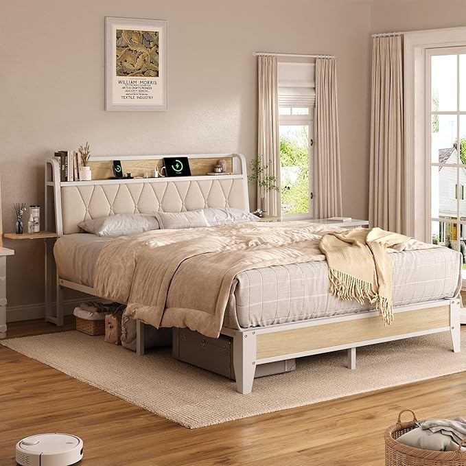Queen Bed Frame with Side Storage Shelf, Ergonomic Upholstered Headboard with Charging Station, Queen Size Platform Bed Frame, Metal Slats Support, No Box Spring Needed, Easy Assembly, White