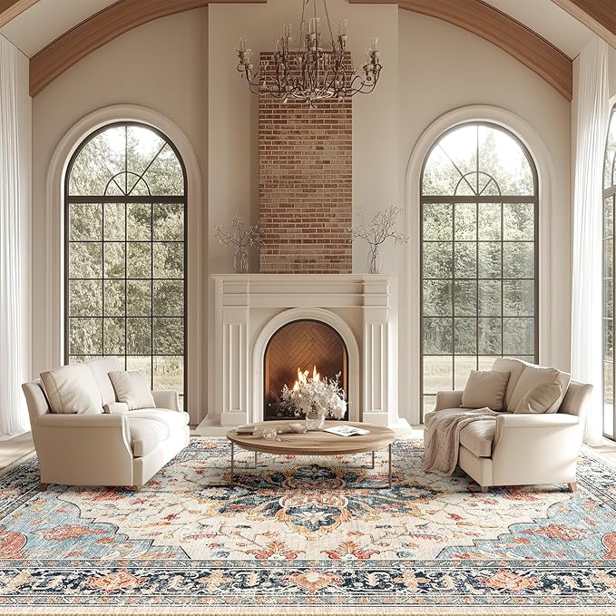 Area Rugs 10'x14' Washable Non-Slip, Floral Vintage Distress Print Pattern Medallion Carpet for Living Room Bedroom Dining Room, Beige Navy Blue Orange Colorful