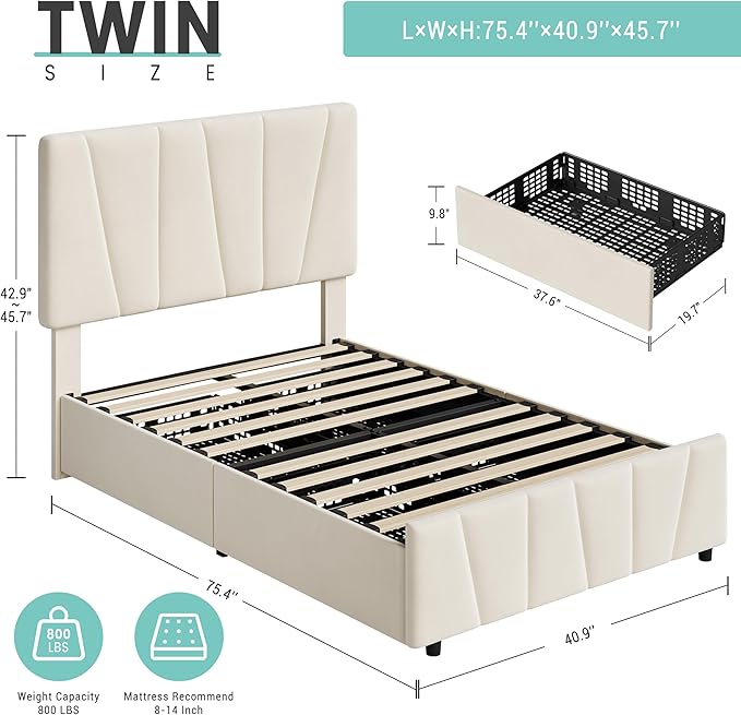 Twin Size Bed Frame with Adjustable Headboard and 2 Storage Drawers, Velvet Upholstered Tufted Twin Platform Bed Frames with Wooden Slats Support, Bedframe No Box Spring Needed, Beige/Cream