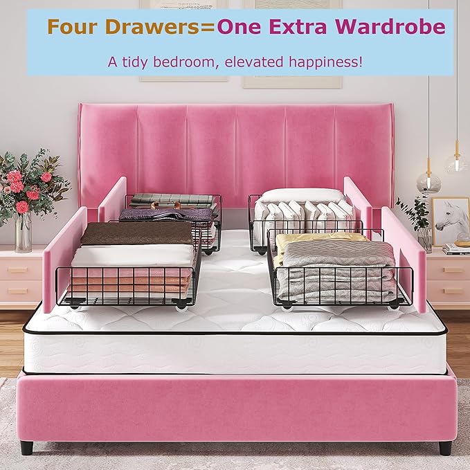 VECELO Full Upholstered Bed Frame with 4 Storage Drawers and Adjustable Velvet Headboard, Heavy-Duty Platform bedframe, No Box Spring Needed, Pink