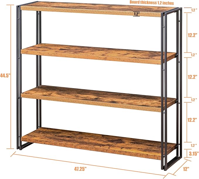 Bookshelf, 4 Tier Tall Bookcase, Industrial Book Shelf for Living Room, Home Office, Kitchen, Rustic Brown