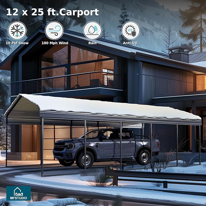 MFSTUDIO Carport 12x25 ft, Outdoor Heavy Duty Carports with Sidewalls, Metal Shed Canopy Shelters Garage Shelter Shade Car Ports with Galvanized Roof for Cars, Truck and Boats ﻿