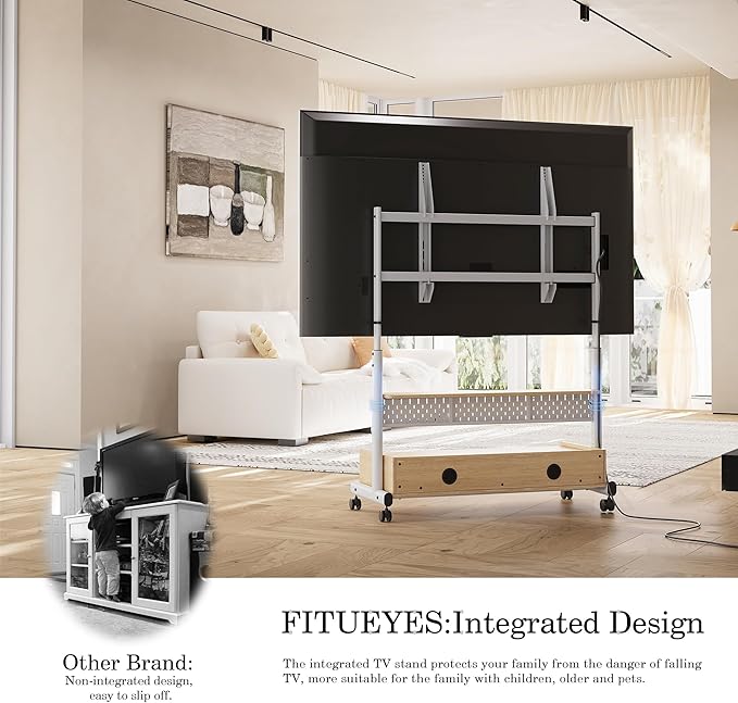 FITUEYES Rolling TV Stand with Drawers for 70 to 100 Large TV Screens，Mobile TV Floor Stand on Wheels with Ample Storage Pegboard & Wooden Shelf, Rolling TV Cart Hold up to 176 lbs, Max VESA 850 x 600