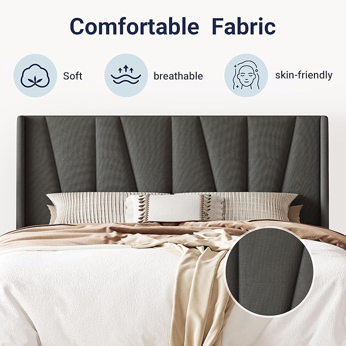 Allewie King Size Platform Bed Frame with Geometric Wingback Headboard, Modern Upholstered Bed with Wooden Slats Support, No Box Spring Needed, Easy Assembly, Dark Grey