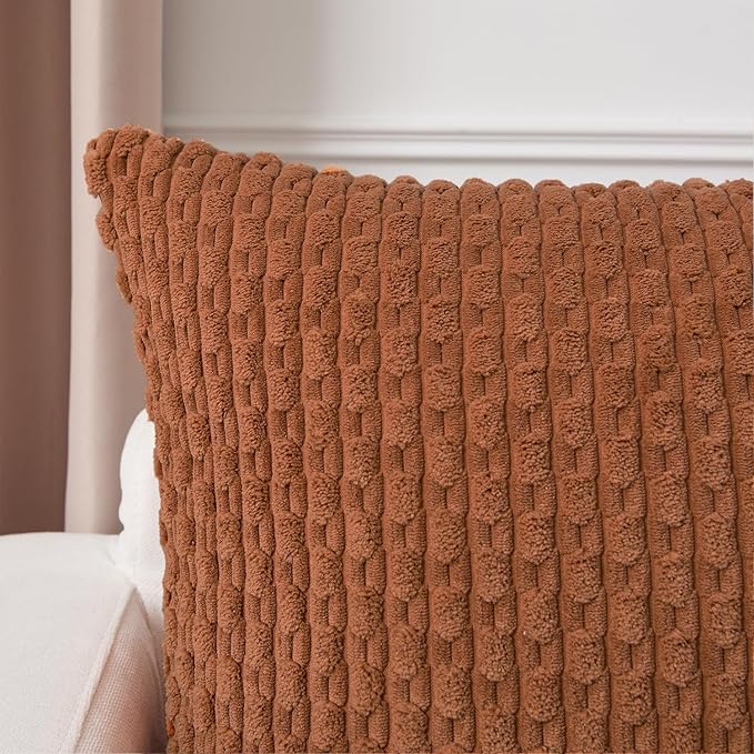 Kevin Textile Fall Decorative Pillow Covers Set of 2 Striped Plush Corduroy Pillows Pillowcases Boho Home Decor Cushion Covers for Couch Sofa Bed Living Room 18x18 Inch, Burnt Orange