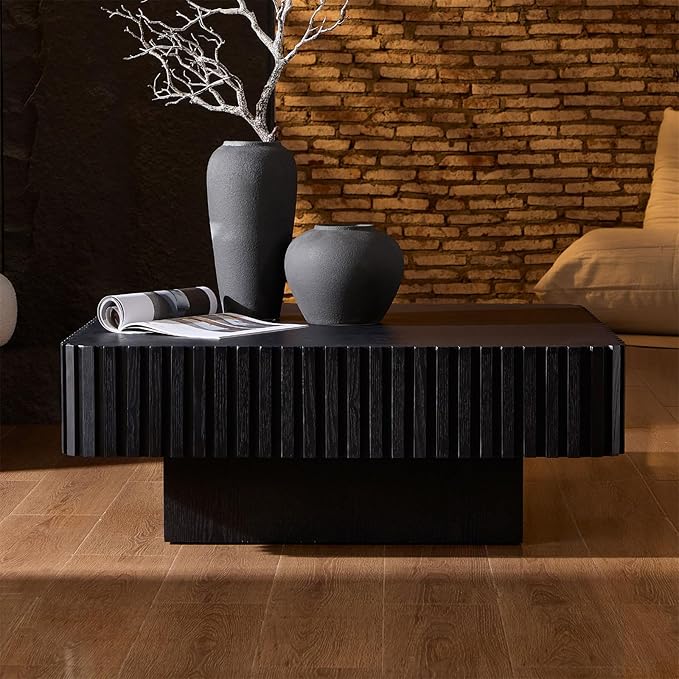 Square Coffee Table for Living Room, Accent Fluted Coffee Table with Storage, Modern Solid Wood Veneered Large Center Tea Table for Small Space Apartment (35.4''D×16''H-Black)