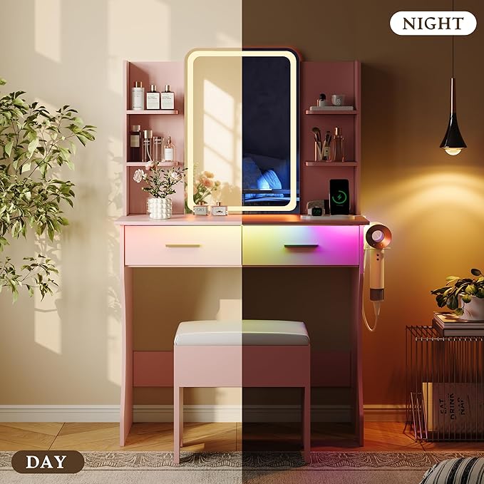Pink Makeup Vanity Desk with Mirror and Lights, Small Vanity Table Set with Power Outlet, Dressing Table with 2 Drawer & 4 Storage Shelves, Adjustable RGB Lighting, Includes Chair for Girl’s Bedroom