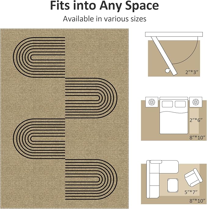 Easy Jute Area Rug 8x10, Large Living Room Washable Rug Indoor Outdoor Patio 8x10 Carpet, Farmhouse Rainbow Pattern Throw Non Slip Black Carpet for Backyard Dining Room, Light Brown/Black