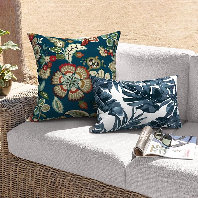 Outdoor Throw Pillows with Inners, All Weather Patio Pillows Set of 2, Square Pillows Decorative for Home Garden Furniture, 20x20 Inch, Peacock Blue