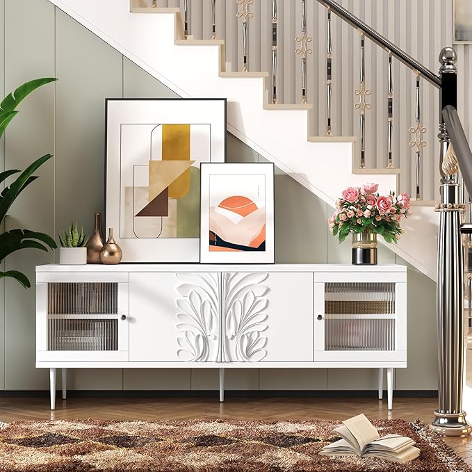 TV Stand for TVs up to 75 Inches, Mid Century Modern Entertainment Center with 3D Flower Pattern, Wood Media Console with 2 Fluted Glass Doors, Storage Cabinet for Living Room, White