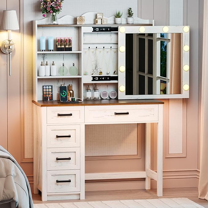 Makeup Vanity, Farmhouse Vanity with Sliding Mirror & 3 Levels of Open Storage Shelves, 35'' Intelligent Makeup Desk with Multi-Functional Charging Station & Hidden Storage for Bedroom, White