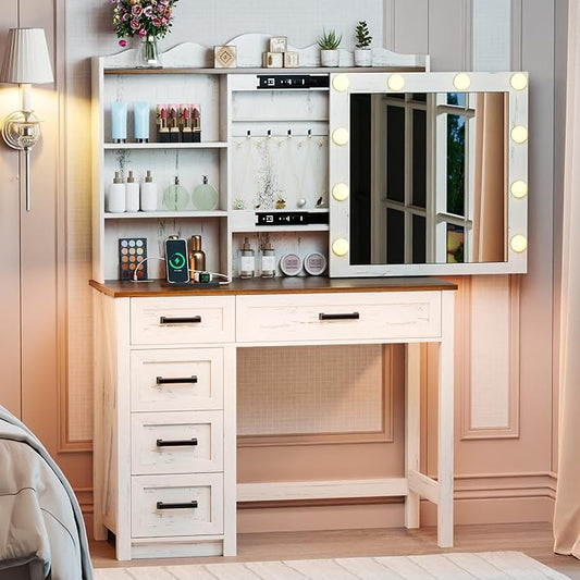 Makeup Vanity, Farmhouse Vanity with Sliding Mirror & 3 Levels of Open Storage Shelves, 35'' Intelligent Makeup Desk with Multi-Functional Charging Station & Hidden Storage for Bedroom, White