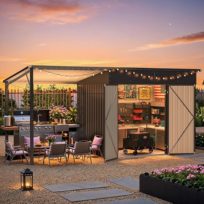 AECOJOY Outdoor Open-Sided Metal Storage Shed, 8' x 6' Sheds & Outdoor Storage with 48 Sq. Ft Covered, 6x8 Small 2-in-1 Tool Shed with Attached Hardtop Metal Pergola Gazebo for Patio