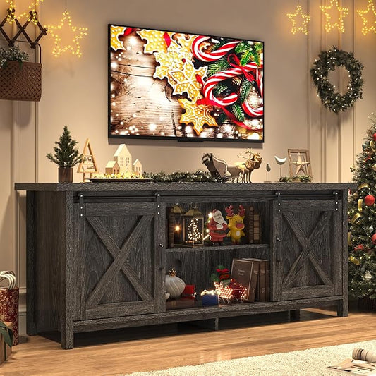 Farmhouse TV Stand for 65 Inch TV with Sliding Barn Door, Rustic Wood Entertainment Center Large Media Console Cabinet Long Television Stands,Console Table and Media Furniture for Living Room(Grey)