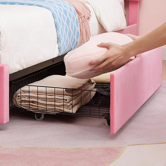 VECELO Full Bed Frame, Platform Bed Frame with Underbed Storage Drawers and Adjustable Height Upholstered Headboard, Heavy-Duty Frame and Strong Wooden Slats Support, Noise-Free, Easy Assembly, Pink