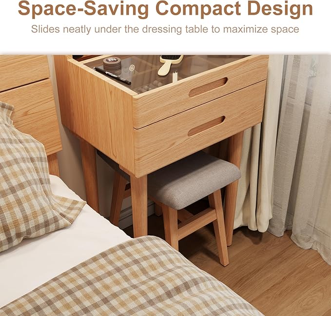 Solid Wood Small Vanity Stool, Compact Makeup Chair with Saddle Cushion, Linen-Covered High Rebound Sponge Seat, Easy Assembly Footstool for Bedroom, Entryway, Home, Natural