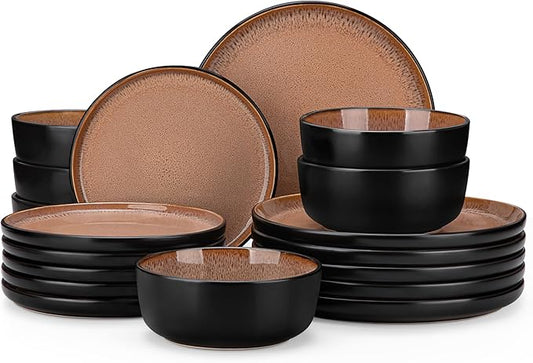 vancasso Plates and Bowls Sets, 18 Pieces Stoneware Dinnerware Sets for 6, Kitchen Dish Set Mircowave and Dishwasher Safe Dinner Set Ceramic Dishware, Brown, Series AMBER