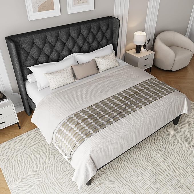 King Size Upholstered Bed Frame with Wingback Headboard, Fabric Linen Platform Bed, 8" Under Bed Storage, Wooden and Metal Slats Support, No Box Spring Needed, Noise Free, Dark Grey