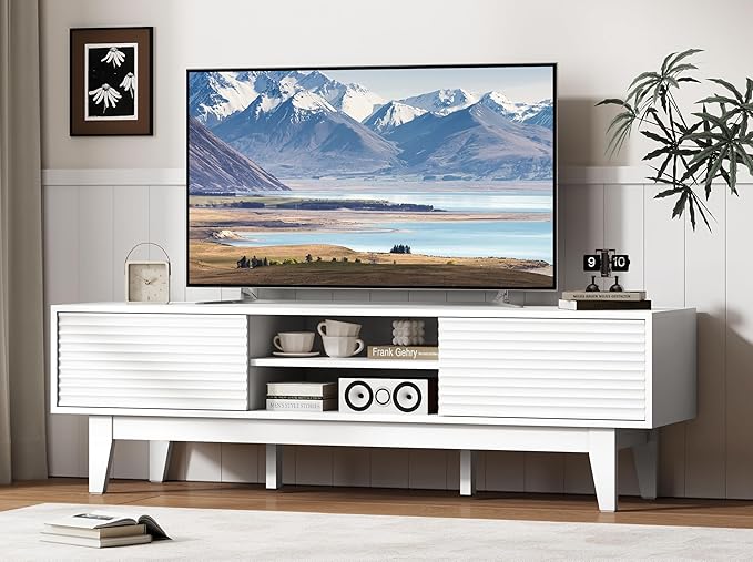 Fluted TV Stand for 55 65 Inch TV, Mid Century Modern Entertainment Center with Shelves, Cabinets & Sliding Doors, TV Media Console Table with Wood Feet & Cord Holes for Living Room, Bedroom, White