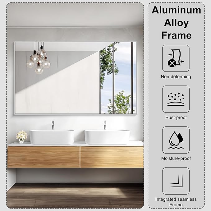 KOCUUY Large Silver Bathroom Mirror, 60x36 inch Rectangular Mirror for Bathroom Sink, Oversized Mirror with Metal Brushed Nickel Frame for Living Room, Farmhouse, Entryway, Hang Horizontal/Vertical