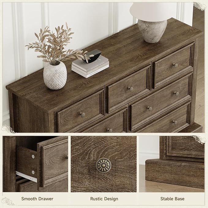 Farmhouse 7 Drawer Dresser for Bedroom, 55" Wide Wood Rustic Chest of Drawers for Bedroom, Storage Dressers Clothes Organizer for Closet, Living Room, Hallway, Dining Room(Rustic Brown)