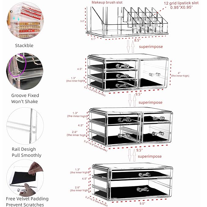 Cq acrylic 4 Pack Clear Make up Organizer Countertop,Stackable 10 Drawers Makeup Storage,Cute Vanity Organizers for dresser Hair Clip,Jewelry,Beauty Product Desk and Bathroom Organizers and Storage