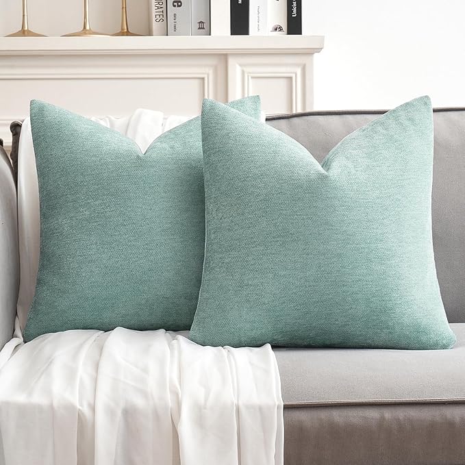 MIULEE Pack of 2 Aqua Green Decorative Pillow Covers 20x20 Inch Soft Chenille Couch Spring Throw Pillows Farmhouse Cushion Covers for Home Decor Sofa Bedroom Living Room