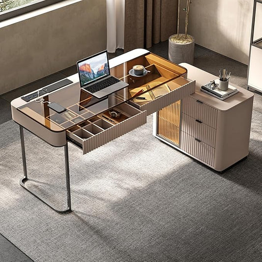 Lartis Office Desk, Very Easy to Assemble, Computer Desk, Home Telescopic Writing Desk, Modern Computer Desk with Retractable Cabinet Built-in LED Lights (Pale Pink, 53 in)