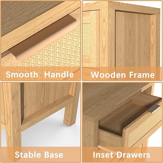 Wood 5 Dresser for Bedroom, Wide Rattan Drawer with Gold Handle for Bed Room, Hallway, Rustic Oak