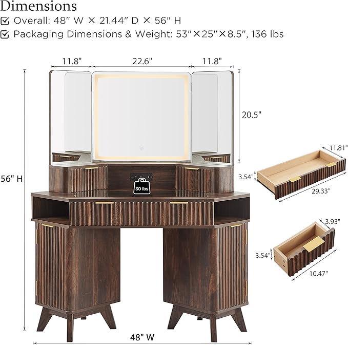 T4TREAM Fluted Makeup Vanity Desk with 3 Way Mirror and Lights, 48" Large Corner Vanity Table with Glass Top, Charging Station, 3 Drawers, Storage Cabinets & Shelves, for Bedroom, Dark Walnut