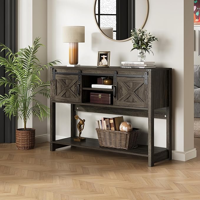 RoyalCraft Console Table with Storage Shelf & Sliding Barn Door, Farmhouse Entryway Table with Storage, 46" Narrow Long Sofa Table, Behind Couch Table, Console Tables for Living Room, Entryway, Foyer