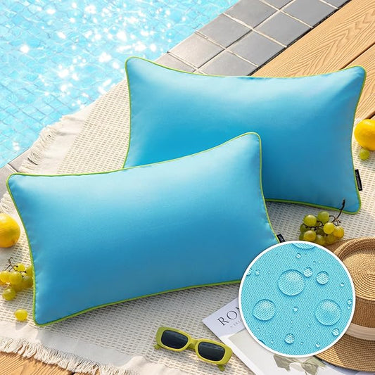 Phantoscope Pack of 2 Outdoor Waterproof Throw Pillow Covers with Contrast Piping, Decorative Square Cushion Case Patio Pillows for Couch Tent Sunbrella, Sky Blue 12x20 inches