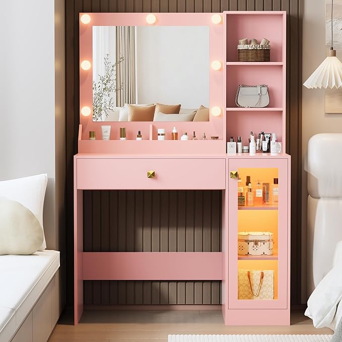 Makeup Vanity with Mirror and Lights, 34'' Wide Dressing Table with Charging Station & RGB Glass Cabinet, Small Vanity Desk with 3 Color Lighting Modes & Adjustable Brightness, Pink