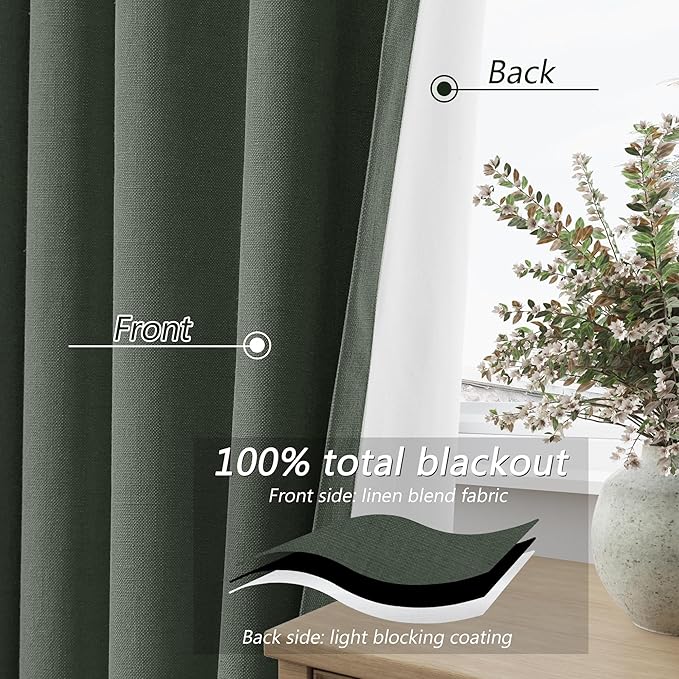 Guken Olive Green Blackout Curtains 120 Inch Length 2 Panels Set for Living Room Bedroom Back Tab Thermal Insulated 100% Black Out Linen Drapes Room Darkening Window Curtains 120 Inches Long