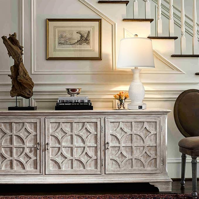 PARTPHONER Table Lamps Set of 2, Bedside Touch Lamp with USB C+A Charging Ports, Side Table Lamp with White Fabric Shade (LED Bulbs Included)