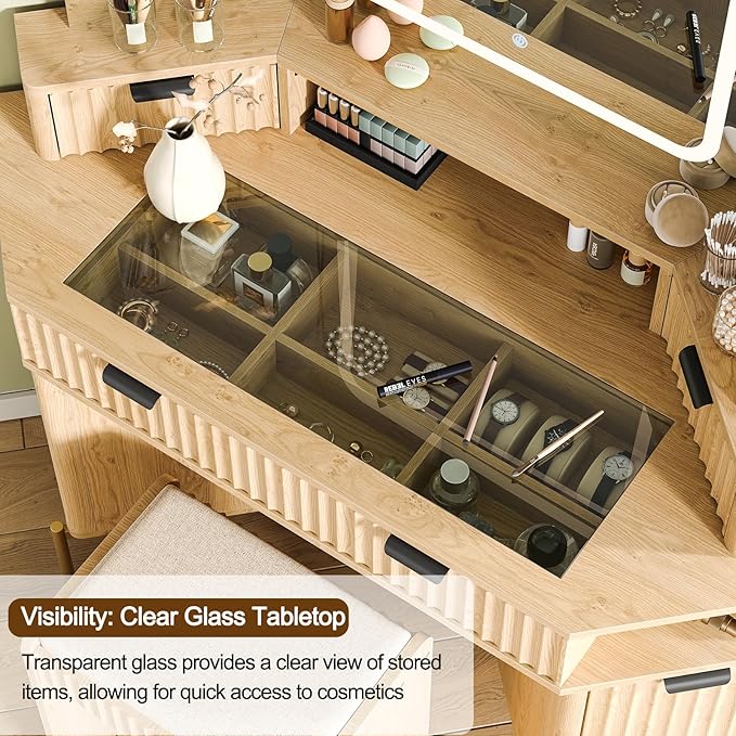 48'' Modern Vanity Desk with HD Triple Mirror & Lights,Large Corner Vanity Table with Glass Top, Charging Station,1Multifunctional Drawers & 2 Small Drawers, Dressing Table Set with 2 Cabinets, Oak