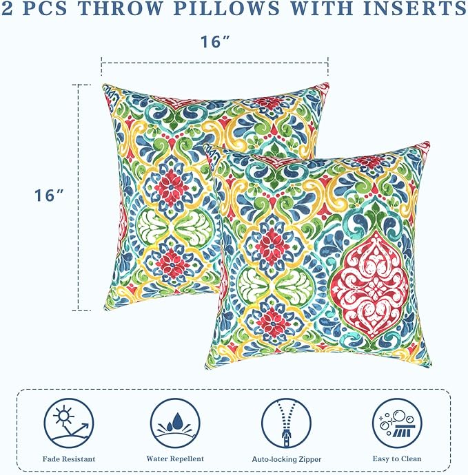 LVTXIII Outdoor Throw Pillows, Decorative Throw Pillows with Inserts, 16"x16" Square Pillows for Bed, Couch, Sofa and Patio Furniture, Set of 2, Damask Red