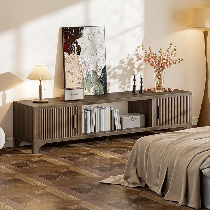 Mid Century Modern TV Stands for 65/70/75 Inch TV, Boho Media Console for Living Room, Fluted TV Entertainment Center with Storage, Wood Television Cabinet for Bedroom