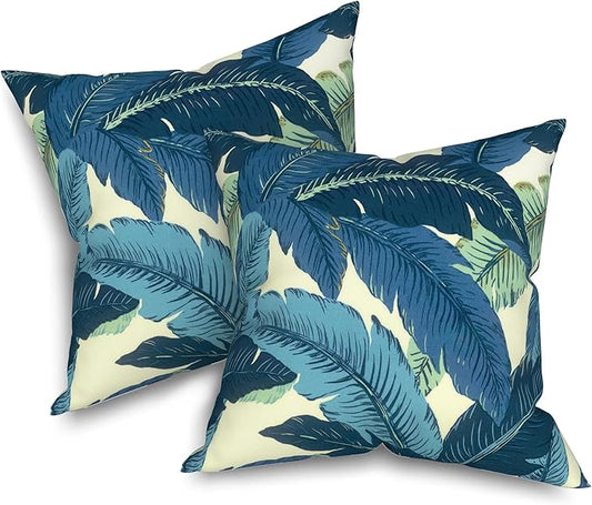 Pack of 2 Patio Throw Pillow Covers ONLY, Water Repellent Cushion Cases 20x20 Inch, Square Pillowcases for Outdoor Couch Decoration, Swaying Palms Blue