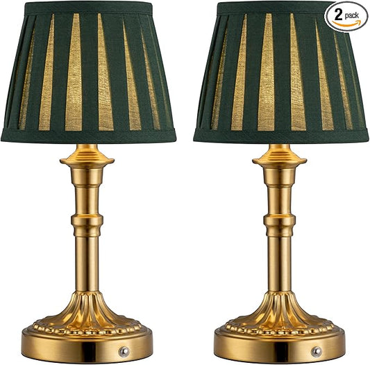 KDG Cordless Portables Table Lamp Set of 2, LED Fabric Shade Small Desk Lamps, 5000mAh Battery Powered Lighting, 2700K Stepless Dimmable Light for Living Room, Dining Room, Bedroom (Bronze+Green)