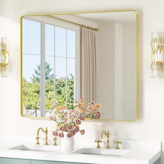 TETOTE Gold Vanity Mirror 42 x 36 Brushed Gold Metal Framed Vanity Mirror, Tempered Glass, Modern Farmhouse Wall Mounted Mirrors for Decorative(Horizontal/Vertical)